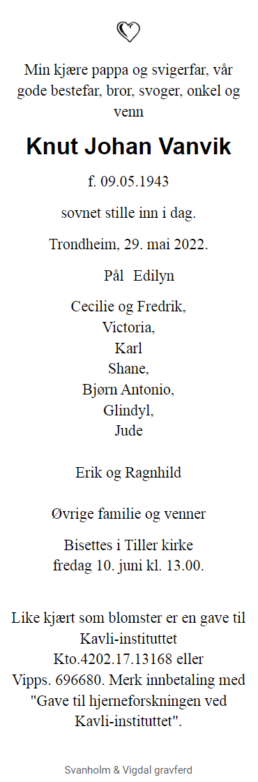 D&oslash;dsannonse for Knut